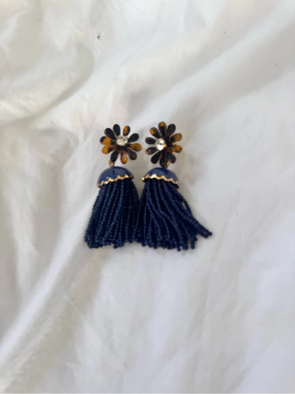 J Crew blue beaded tassel Tortoise Shell flower earrings $65 retail